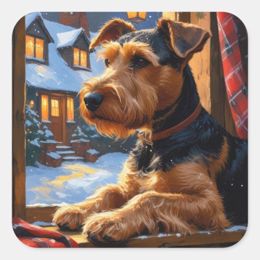 Airedale Terrier With Christmas Lights Holiday スクエアシール (正面)