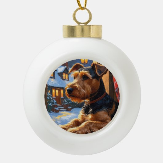 Airedale Terrier With Christmas Lights Holiday セラミックボールオーナメント (正面)