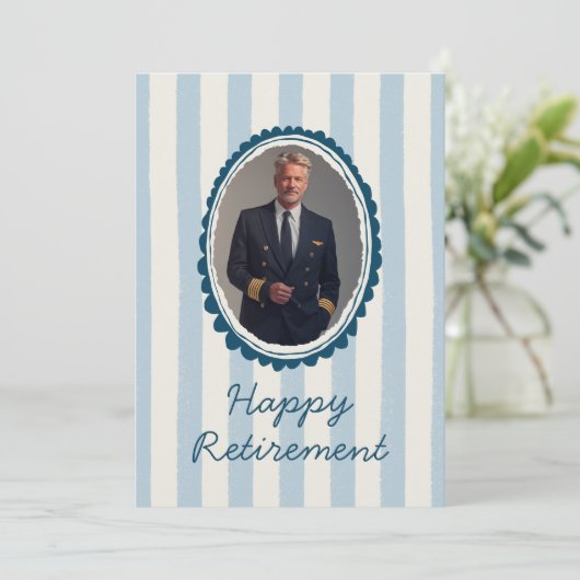 Airline Pilot Retirement Photo Blue Ivory Stripes シーズンカード (スタンド正面)