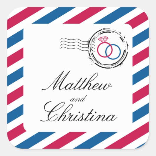 Airmailスタンプと結婚リングや輪 スクエアシール (正面)