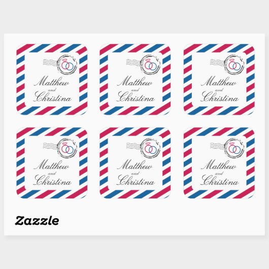 Airmailスタンプと結婚リングや輪 スクエアシール (シート)
