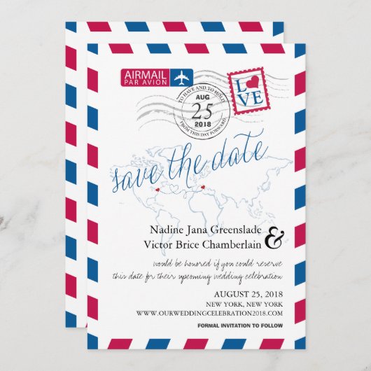 Airmailハートニューヨークとイタリア日付を保存 セーブザデート (正面/裏面)