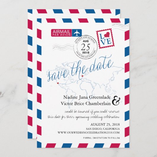 Airmailハートニューヨークとイタリア日付を保存 セーブザデート (正面/裏面)