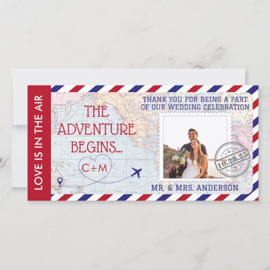 Airmail世界地図結婚のカスタム写真 サンキューカード (正面)