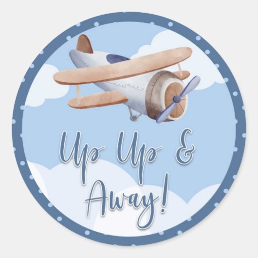 AirplanBlue Clouds赤ちゃんシャワーステッカー遠くにアップ ラウンドシール (正面)