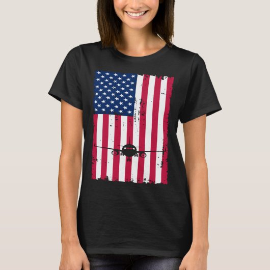 Airplane American Flag Pilot Jet Aviation Tシャツ (正面)