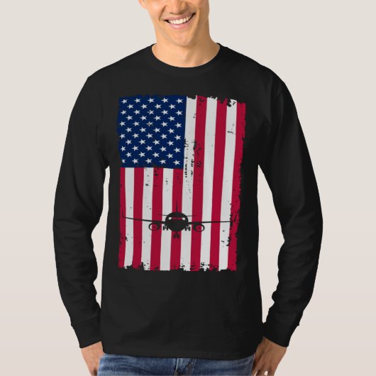 Airplane American Flag Pilot Jet Aviation Tシャツ (正面)