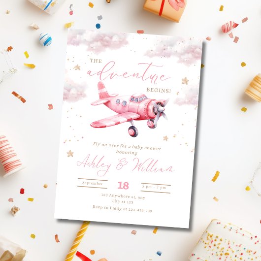 Airplane Baby Shower Invitation, Girl Baby Shower 招待状