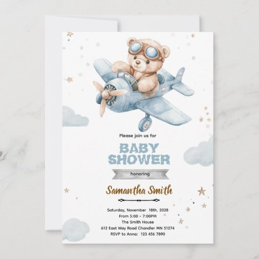 Airplane Bear Baby Shower Invitation 招待状 (正面)