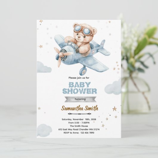 Airplane Bear Baby Shower Invitation 招待状 (スタンド正面)