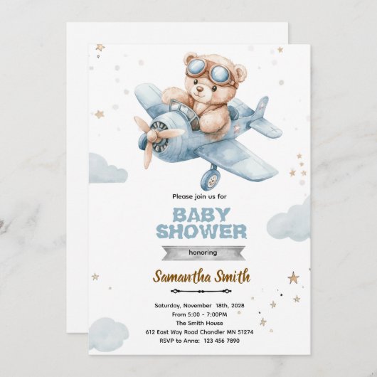 Airplane Bear Baby Shower Invitation 招待状 (正面/裏面)