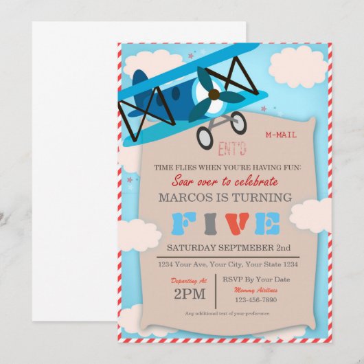 Airplane Birthday Invitation for Pilot Boy 招待状 (正面/裏面)
