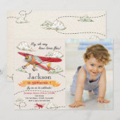 Airplane Birthday Photo Invitation Vintage Plane 招待状 (正面/裏面)