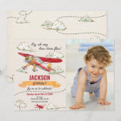Airplane Birthday Photo Invitation Vintage Retro 招待状 (正面/裏面)