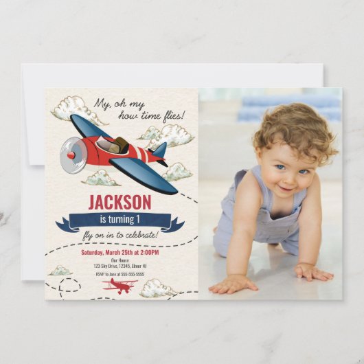 Airplane Birthday Photo Invitation Vintage Retro 招待状 (正面)