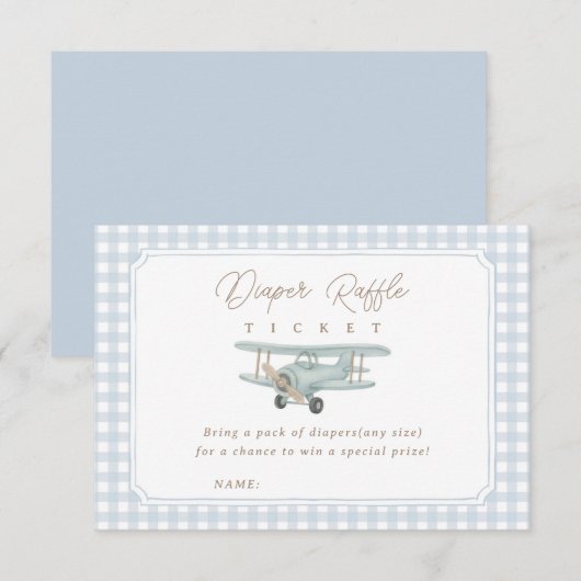 Airplane Blue Gingham Baby Shower Diaper Raffle エンクロージャーカード (正面/裏面)