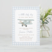 Airplane Blue Gingham Baby Shower Invitation 招待状 (スタンド正面)