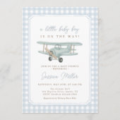 Airplane Blue Gingham Baby Shower Invitation 招待状 (正面)