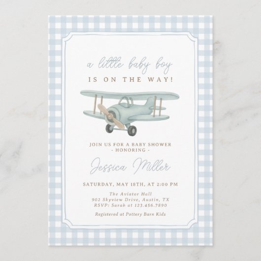 Airplane Blue Gingham Baby Shower Invitation 招待状 (正面)