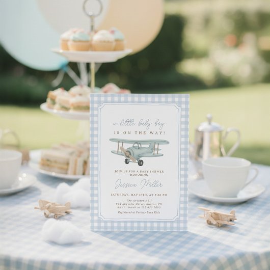 Airplane Blue Gingham Baby Shower Invitation 招待状