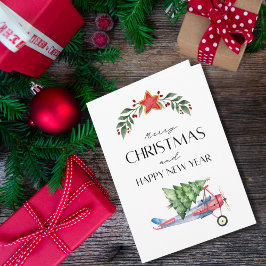 Airplane carries Christmas Tree Family Photo Funny カード