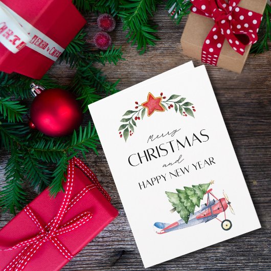 Airplane carries Christmas Tree Family Photo Funny カード