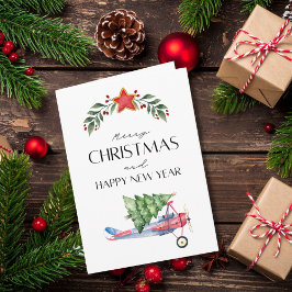 Airplane carries Christmas Tree Family Photo Funny カード