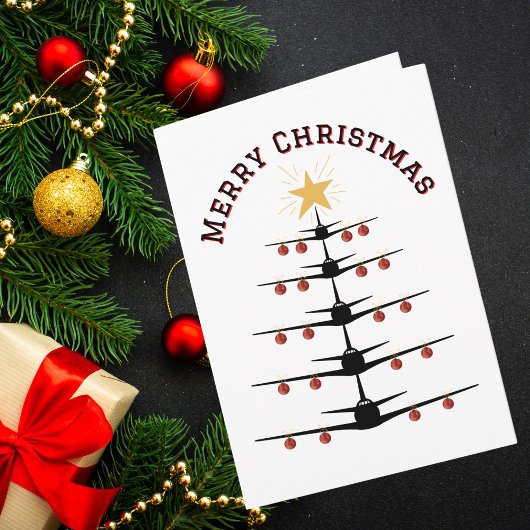 Airplane Christmas Tree Family Photo Simple Custom カード