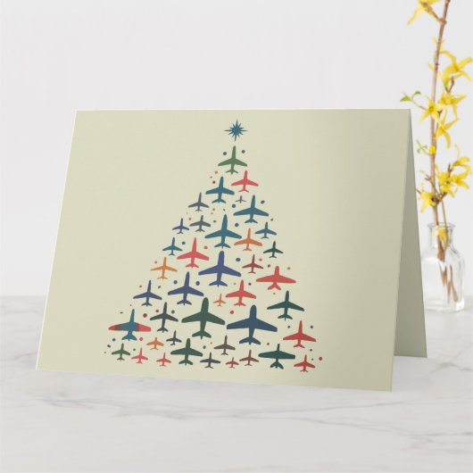 Airplane Christmas Tree Retro Pilot Flying Flight  カード (黄色い花)