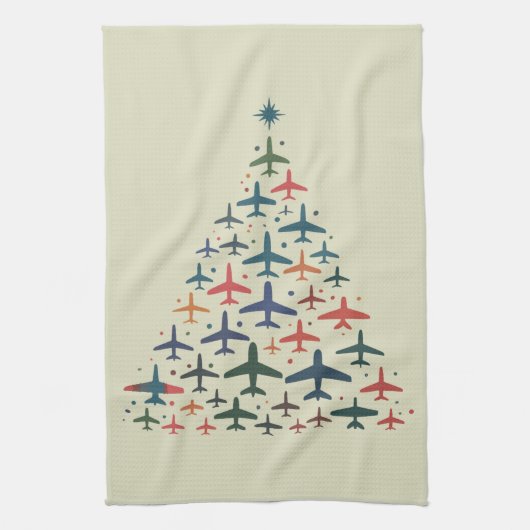 Airplane Christmas Tree Retro Pilot Flying Flight  キッチンタオル (縦)