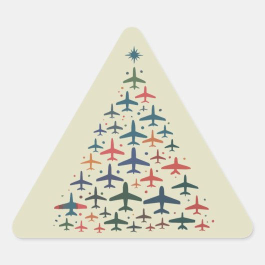 Airplane Christmas Tree Retro Pilot Flying Flight 三角形シール (正面)
