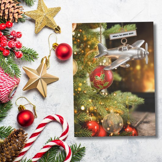 Airplane First Christmas Baby Photo Modern Custom カード