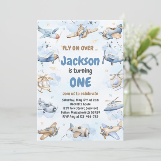 Airplane Fly On Over Boy Birthday Invitation 招待状 (スタンド正面)