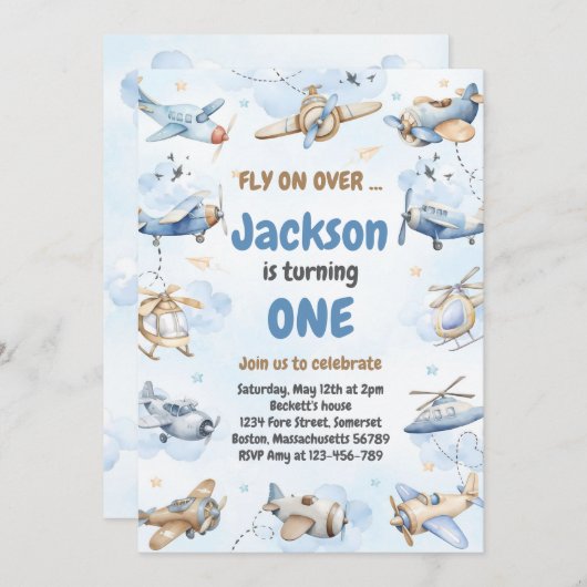 Airplane Fly On Over Boy Birthday Invitation 招待状 (正面/裏面)