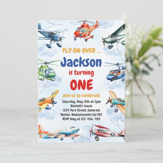Airplane Fly On Over Boy Birthday Invitation 招待状 (スタンド正面)
