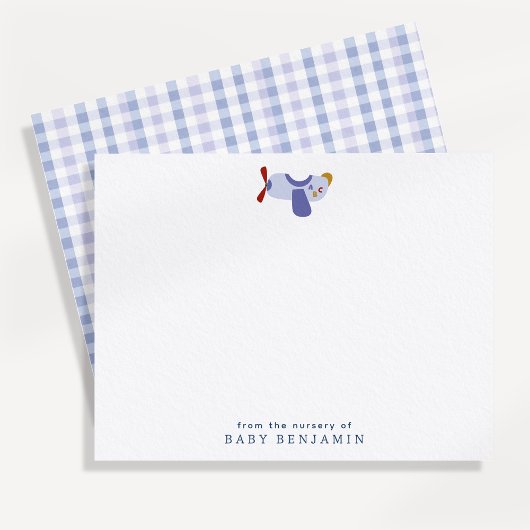 Airplane Nursery Note Card with Blue Gingham Back 案内状