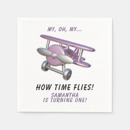 Airplane Oh My Time Flies Travel First Birthday  スタンダードカクテルナプキン