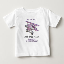 Airplane Oh My Time Flies Travel First Birthday  ベビーTシャツ