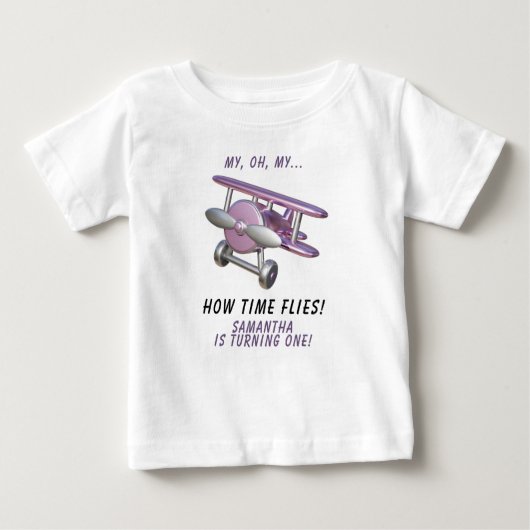 Airplane Oh My Time Flies Travel First Birthday ベビーTシャツ (正面)