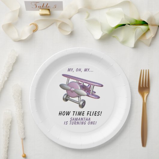 Airplane Oh My Time Flies Travel First Birthday  ペーパープレート (ウェディング)