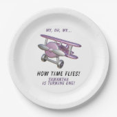 Airplane Oh My Time Flies Travel First Birthday  ペーパープレート (正面)