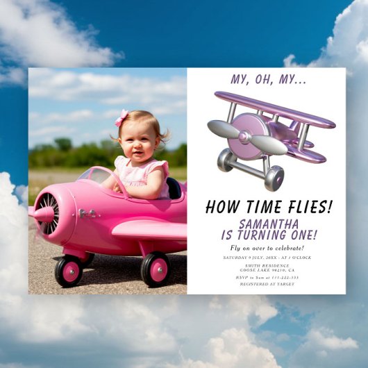 Airplane Oh My Time Flies Travel First Birthday 招待状