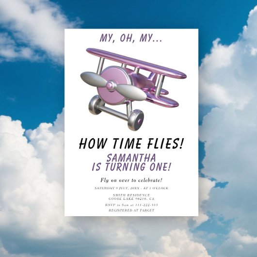 Airplane Oh My Time Flies Travel First Birthday 招待状