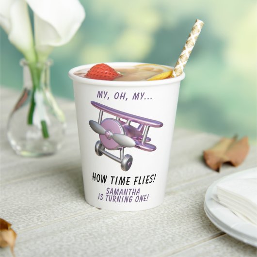 Airplane Oh My Time Flies Travel First Birthday  紙コップ (インサイチュ)