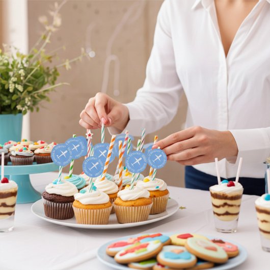 Airplane on Sky Blue Personalized Birthday ラウンドシール