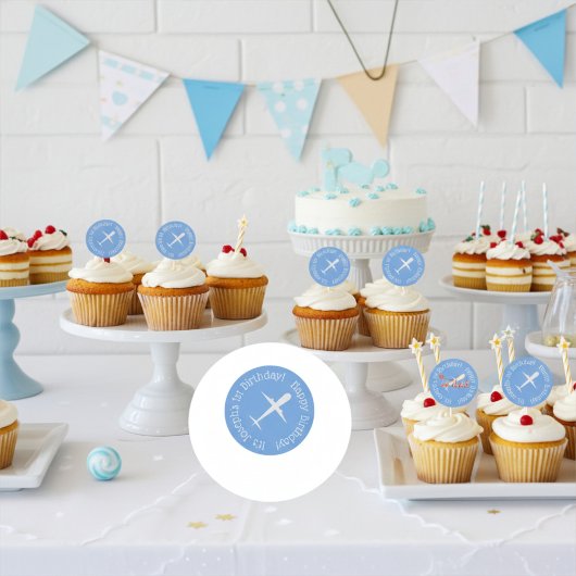 Airplane on Sky Blue Personalized Birthday ラウンドシール