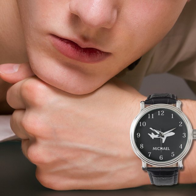 Airplane Pilot Aviation Black and White Custom   腕時計 (クリエイターアップロード済み)