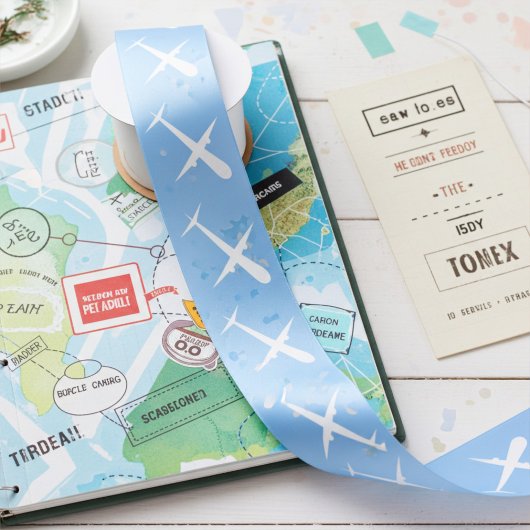 Airplane Soaring High in Formation on Sky Blue サテンリボン