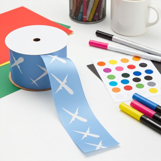 Airplane Soaring High in Formation on Sky Blue サテンリボン