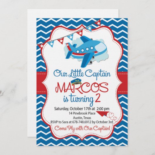 Airplane theme birthday invitation for boys 招待状 (正面/裏面)